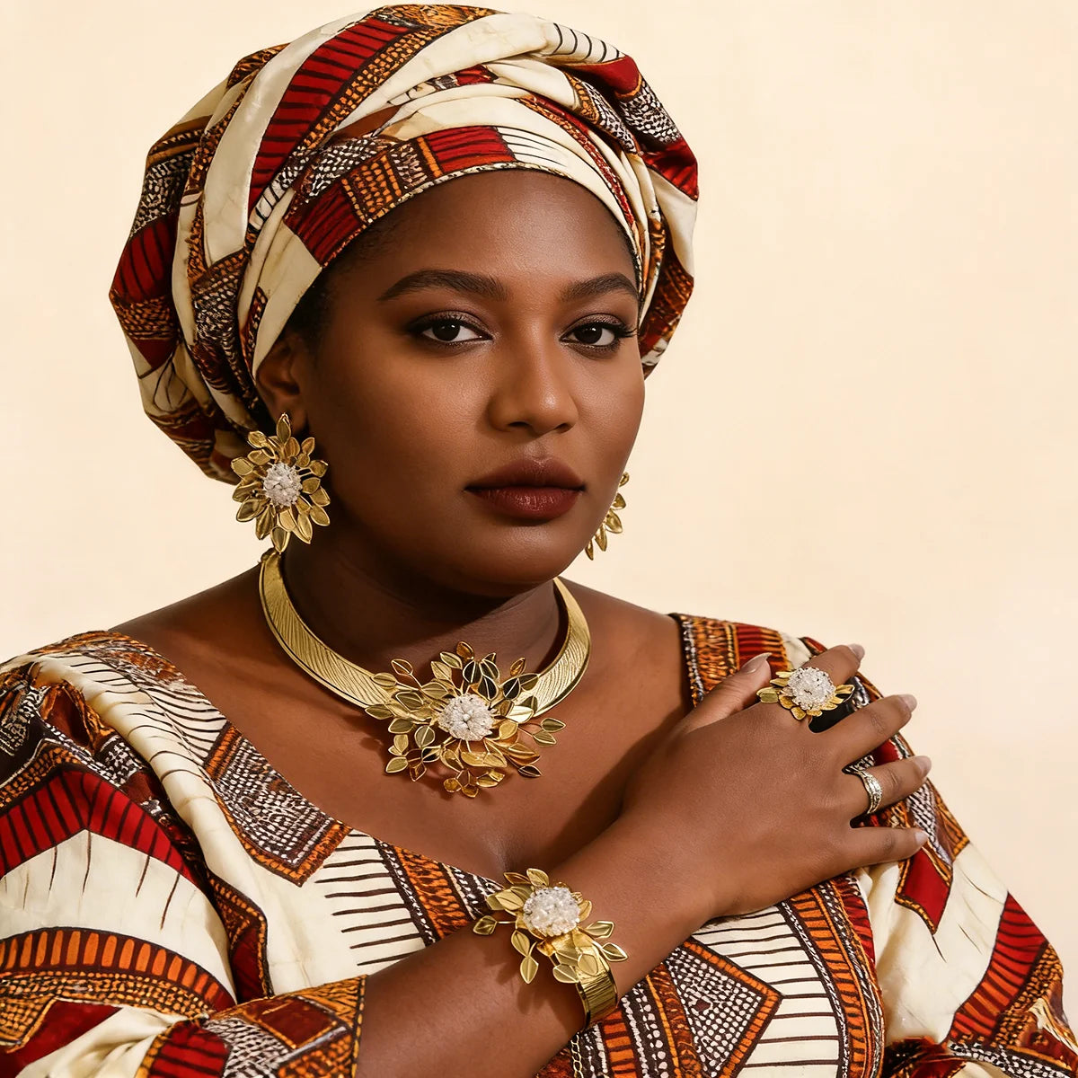 Meizi African Copper Gold Plated 4 Piece Handmade Bridal Wedding Jewelry Set