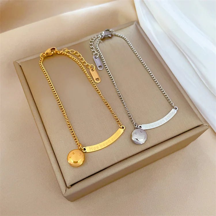 Wholesale Women Titanium Steel 18k Gold Plated Vintage Beaded Chain Smiling Face Letter Charm Bracelet