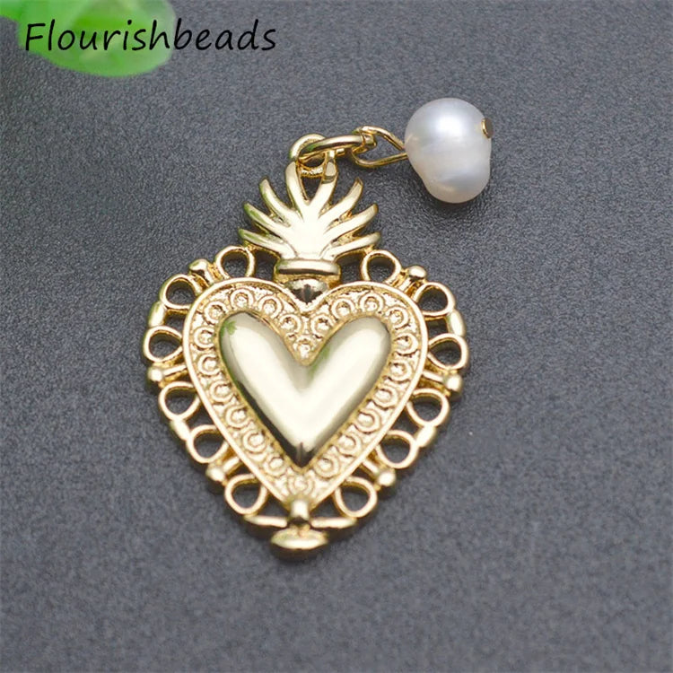 New Design Nickel Free Anti Fading Gold Plated Natural Pearl Beads Big Size Heart Charms Pendants for Jewelry Making