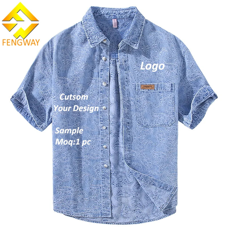 Fengway Custom Weaving Design Breathable Cotton Casual Loose Fit Summer Short Sleeve Denim Shirt for Men