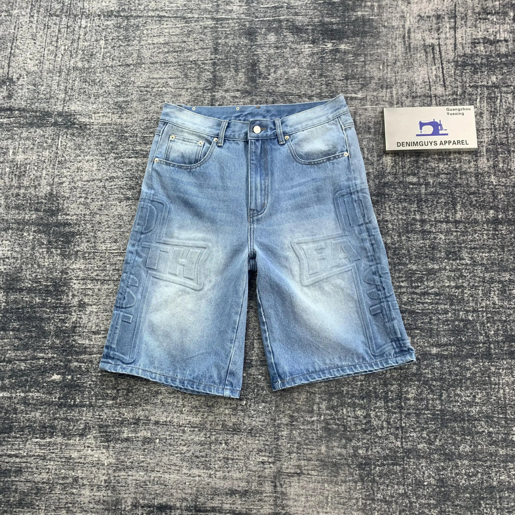 DENIMGUYS Custom Vintage Fashion  Men's Embossed Baggy Denim Jorts Y2k Acid Wash Embossed Denim Shorts Mens