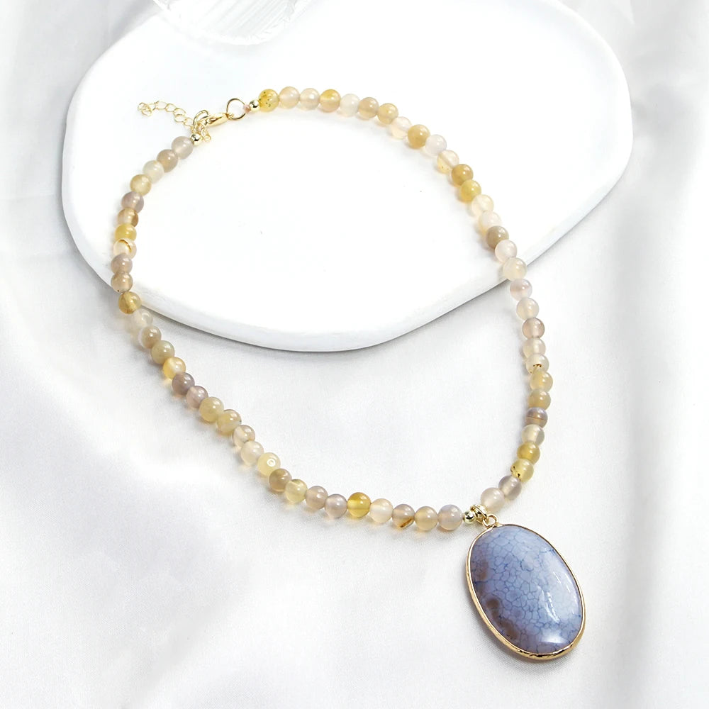 New Fashion Beautiful Women Jewelry 6mm Natural Stone Beaded Necklace Oval Agate Pendant Choker Necklace