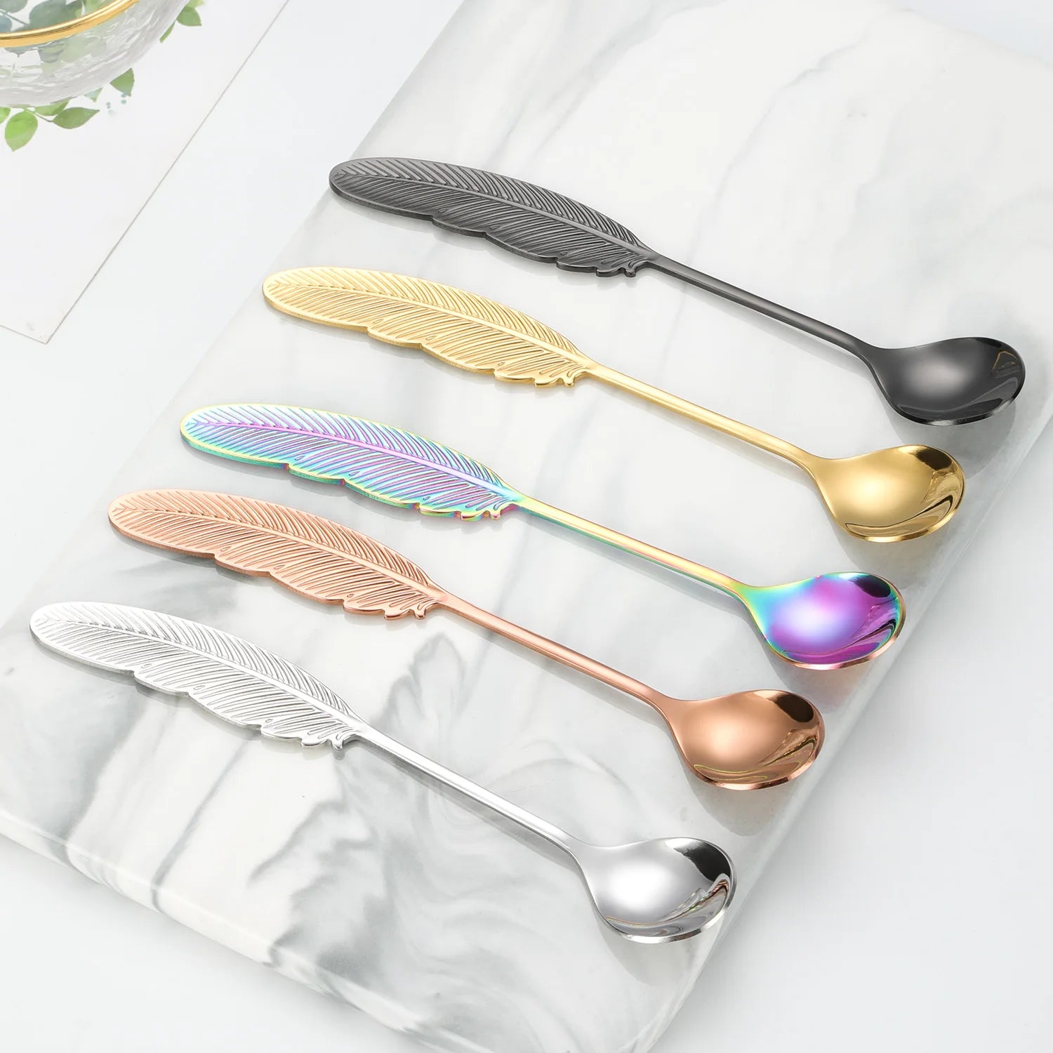 Dessert Spoon with Feather Shape Creative Stainless Steel 18/8 Stirring Tea Coffee Spoon