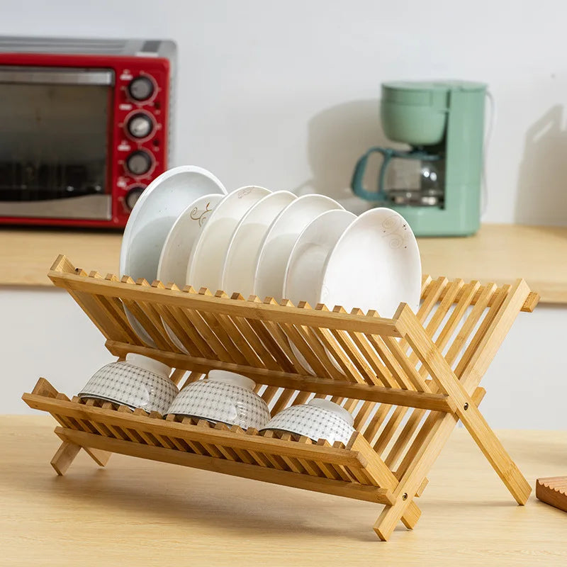 Customizable Standing Type Bamboo Dish Drying Rack Foldable and for Dish and Bowl Use