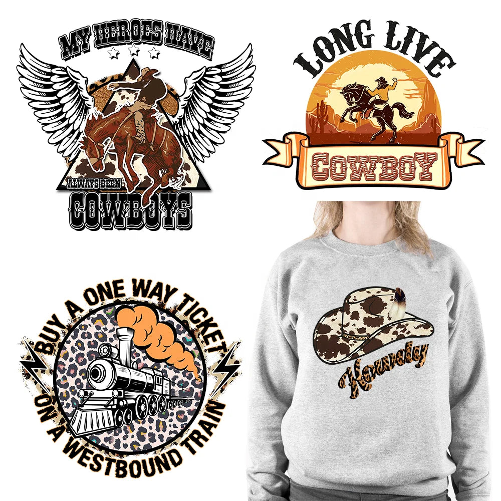 Hot Sale Custom DTF West Wild Cowboy Iron on Transfers Printing Leopard Howdy Logo Heat Press Transfer Stickers for Clothes