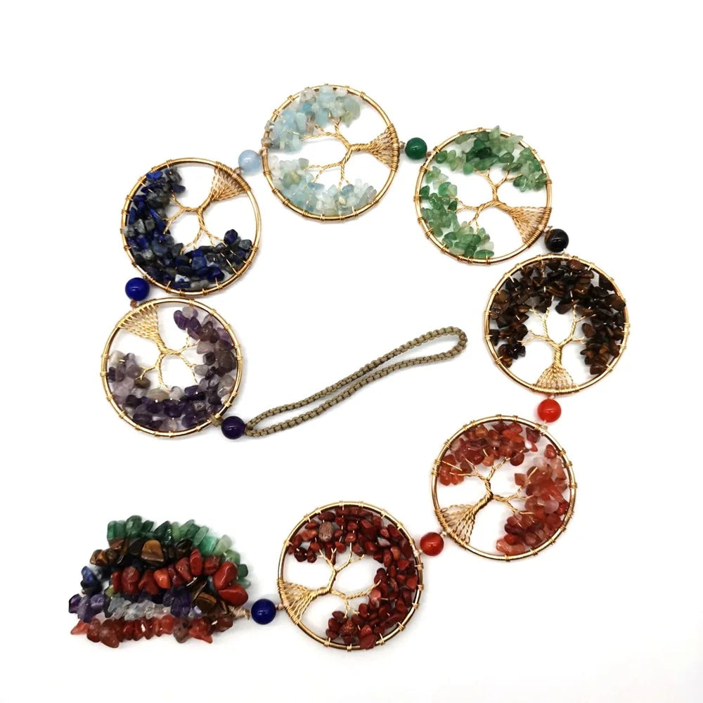 Natural Stone 7 Chakras Wire Wrapped Tree of Life hang Ornaments Gemstone Natural Quartz Healing Stone Hang Decorations