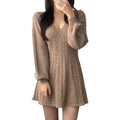 Liu Ming Korean Style Autumn Winter Women Elegant Lantern Sleeve V Neck a Line Knitted Dresses