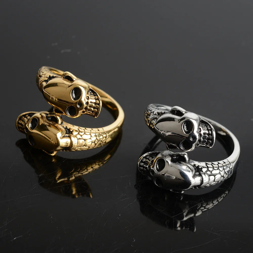 Fashion Hot Sale Double Skull Exaggerated Open Punk Ring Stainless Steel Couple Skull Ring for Men Women