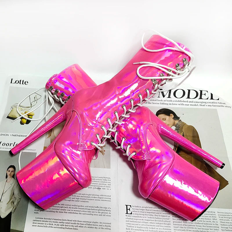 Lace up Platform 8 Inches Laser New Style Pole Dance Ankle Boots Nightclub Stripper Heels Exotic Dancer Stage Show Gothic Womens