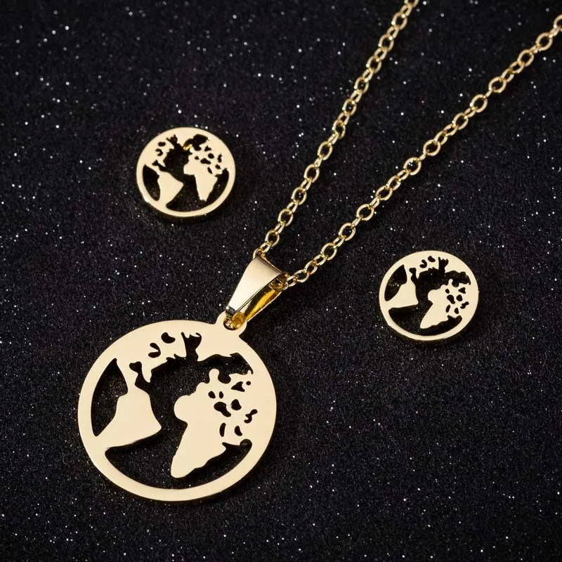 Trendy 18K Gold Silver Plated Stainless Steel World Map Pendant Earring Necklace Jewelry Set For Women