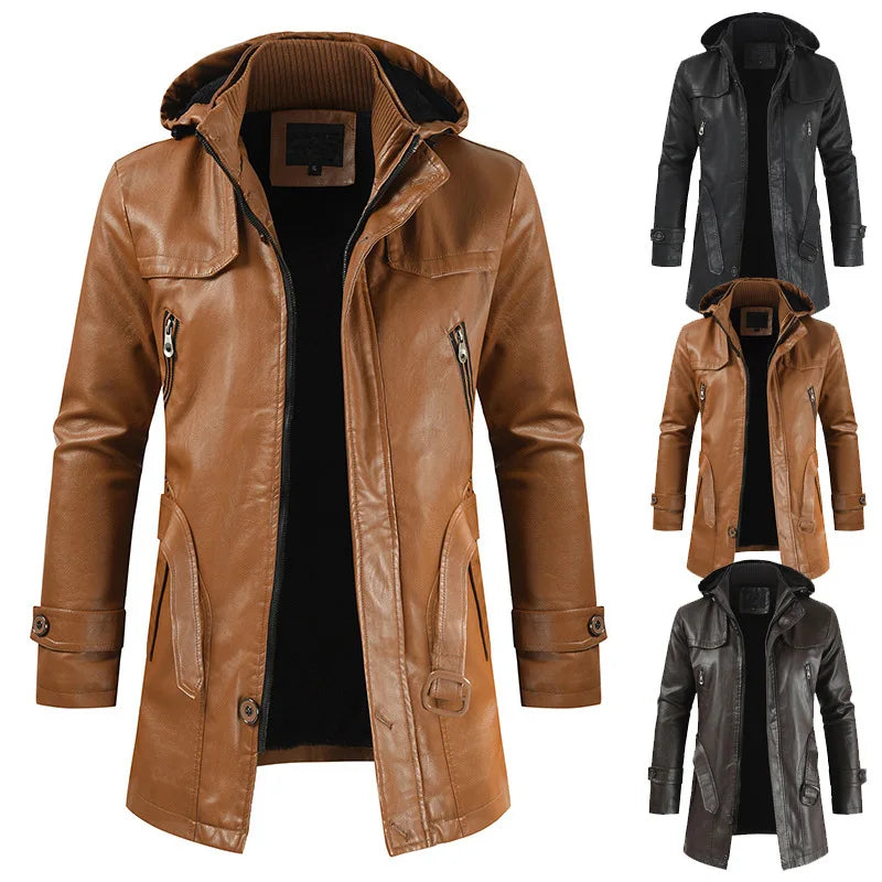 Autumn and Winter Men's Casual Fashion Mid-Length PU Leather Jacket Young Men's Slim Hooded Design