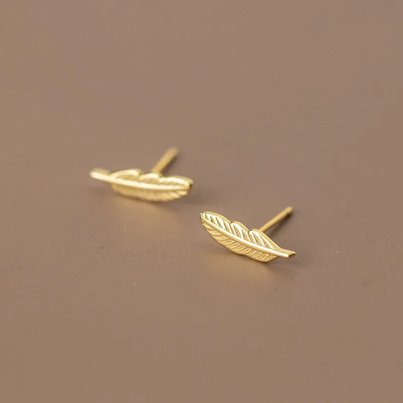 Small Feather Shape Ear Studs Gold Plated 925 Sterling Silver Earrings Fashion Jewelry for Women Girls