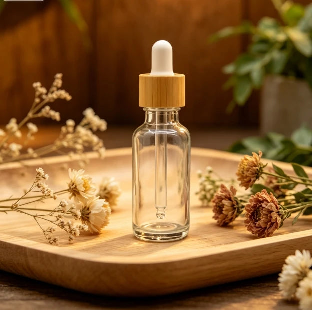 30ml clear Glass Oil Bottle Bamboo Dropper Bottle with Glass Pipette and White Silicone Bulb