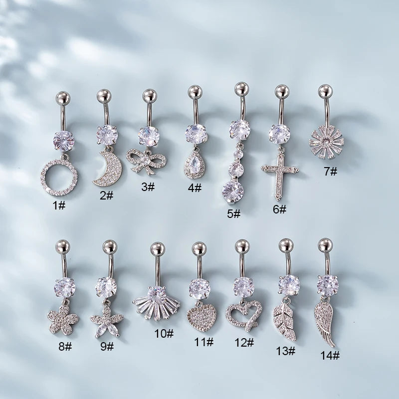 HENGSEN 1.6X10mm Stainless Steel Jewelry Rod Navel Rings Belly Piercing Jewelry Fashion Cz Dangling Belly Button Rings for Women