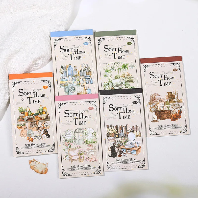 18 Sheets Per Pack Dual Material Die-cut Sticker Book Soft House Time Series Home Landscaping Theme