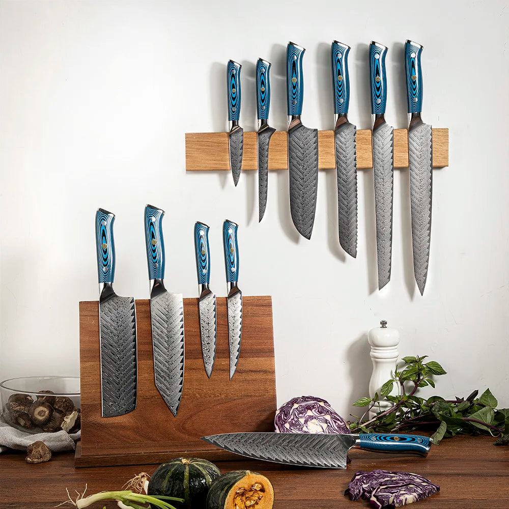 New Arrival Amber Ladder Pattern Chef Knife Set Kitchen Knife Set Damascus Knife Set with Blue Pakkawood Handle