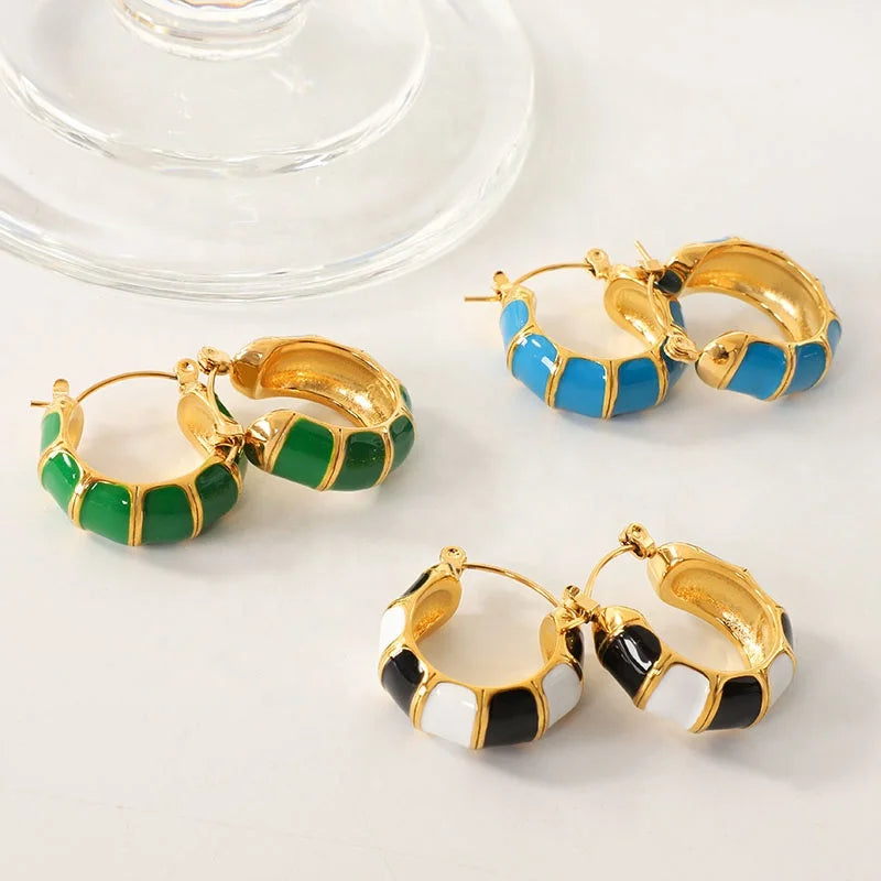 Vintage Jewelry Women 18K Gold Plated Stainless Steel Round Shape Colorful Enamel Huggie Earrings for Women