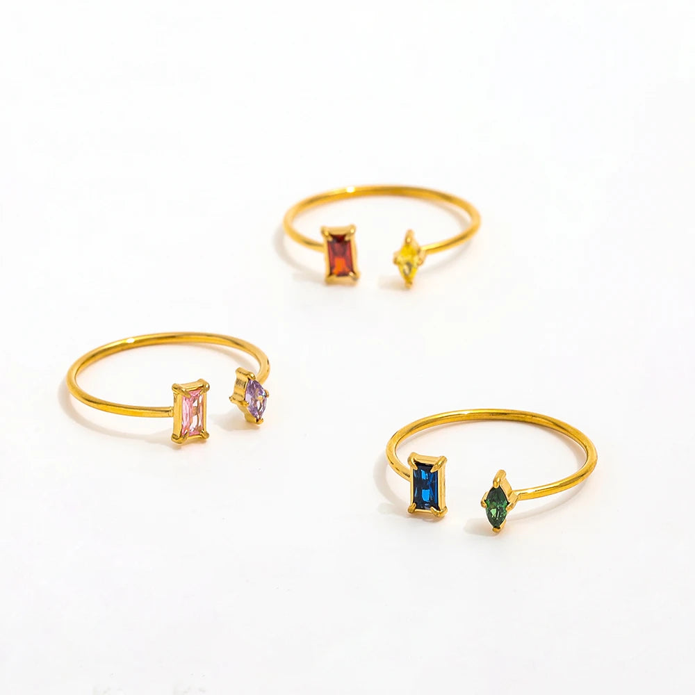High End Women's Stainless Steel Rings 18K Gold PVD Abstract Colorful Zirconia Open Design Trendy Style-Tarnish Free Jewelry
