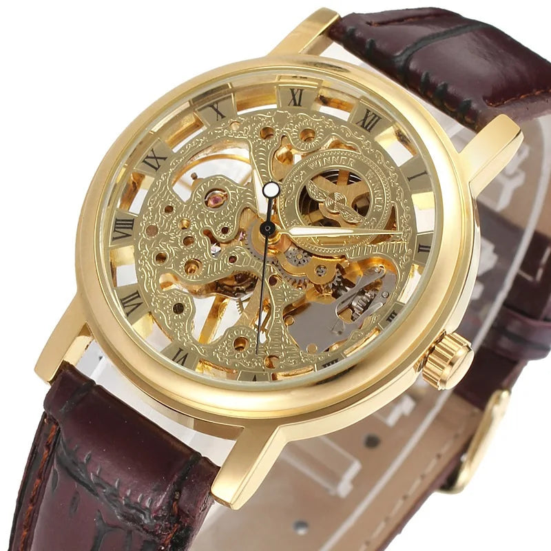Vintage Gold Plated Rome Men's Watch Casual Hollow Manual Mechanical Watch