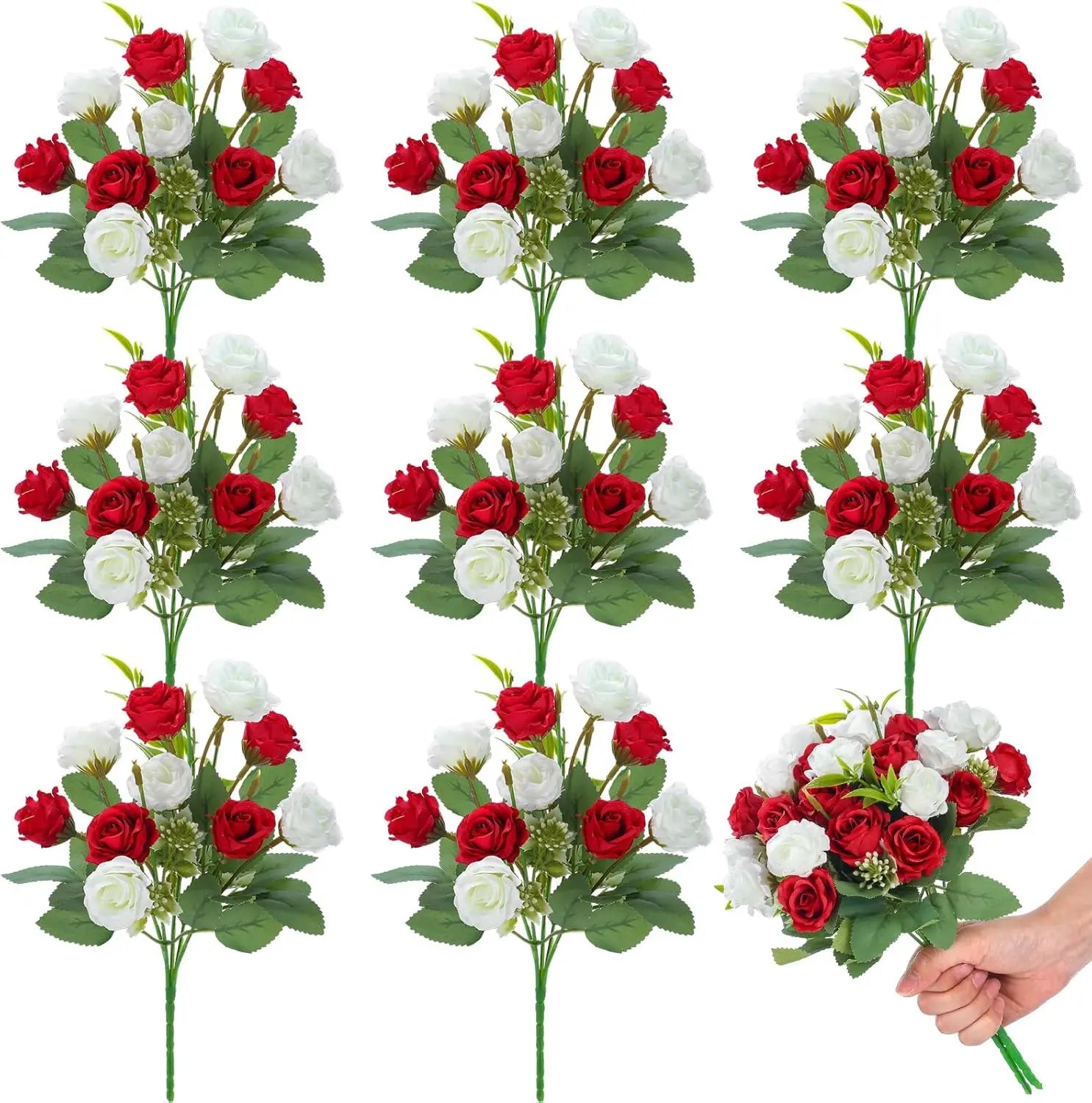 Artificial Valentine Day Red White Rose Bouquet Silk Rose Flower Bunche Bulk for Wedding Bridal Home Office Garden Parties Decor