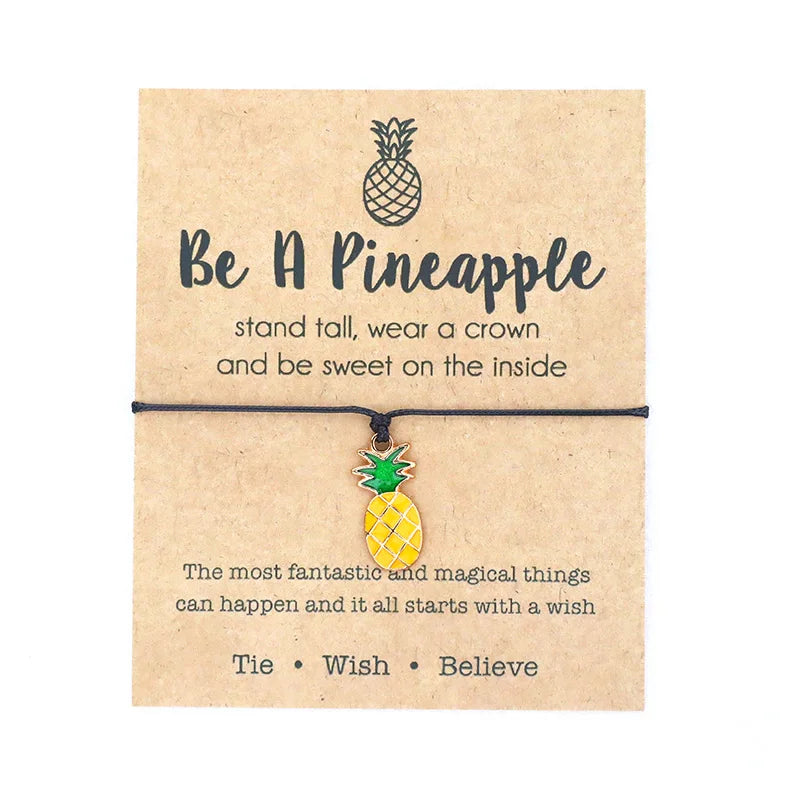 Be a Pineapple Stand Tall Wear a Crown and Be Sweet on the Inside Wish Card Bracelet Pineapple Charm Macrame Rope Cord Bracelet
