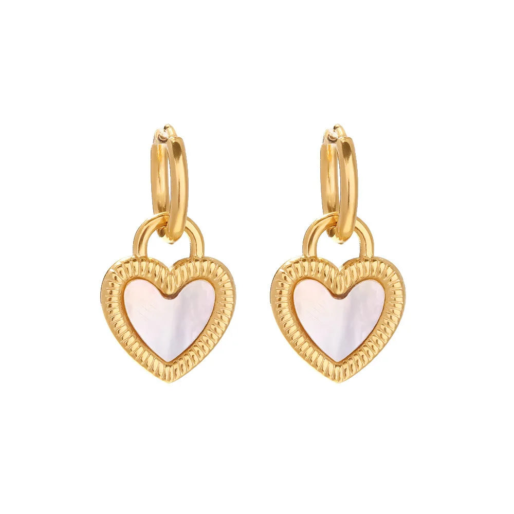 European American Ins Stainless Steel White Natural Mother-Of-Pearl Versatile Fashionable Heart-Shaped Lock Design Earrings