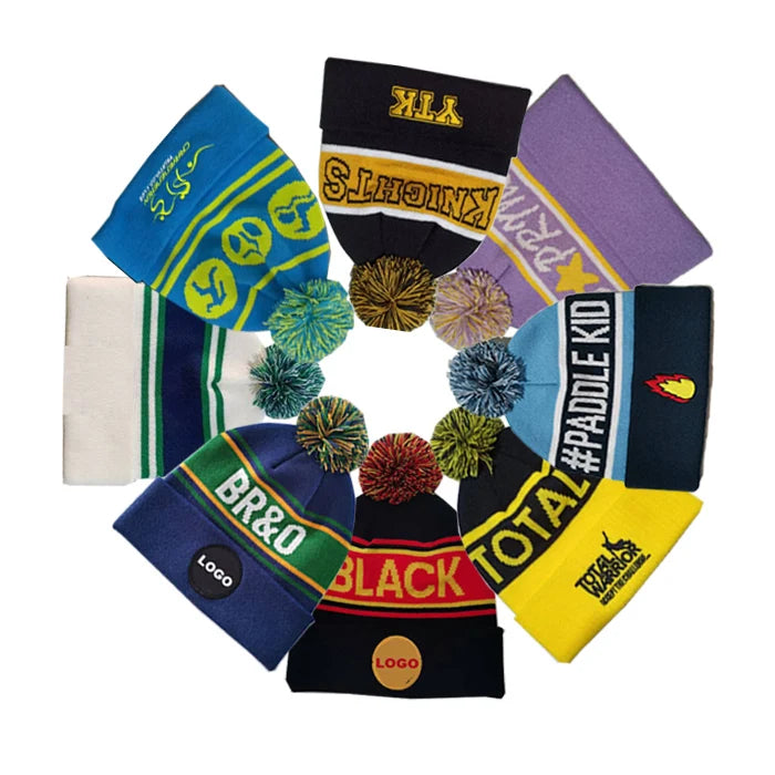 Customized Different Patterns Untucked Beanies Hats Custom Logo Knitted Jacquard Winter Hat Skull Beanie With Pompons