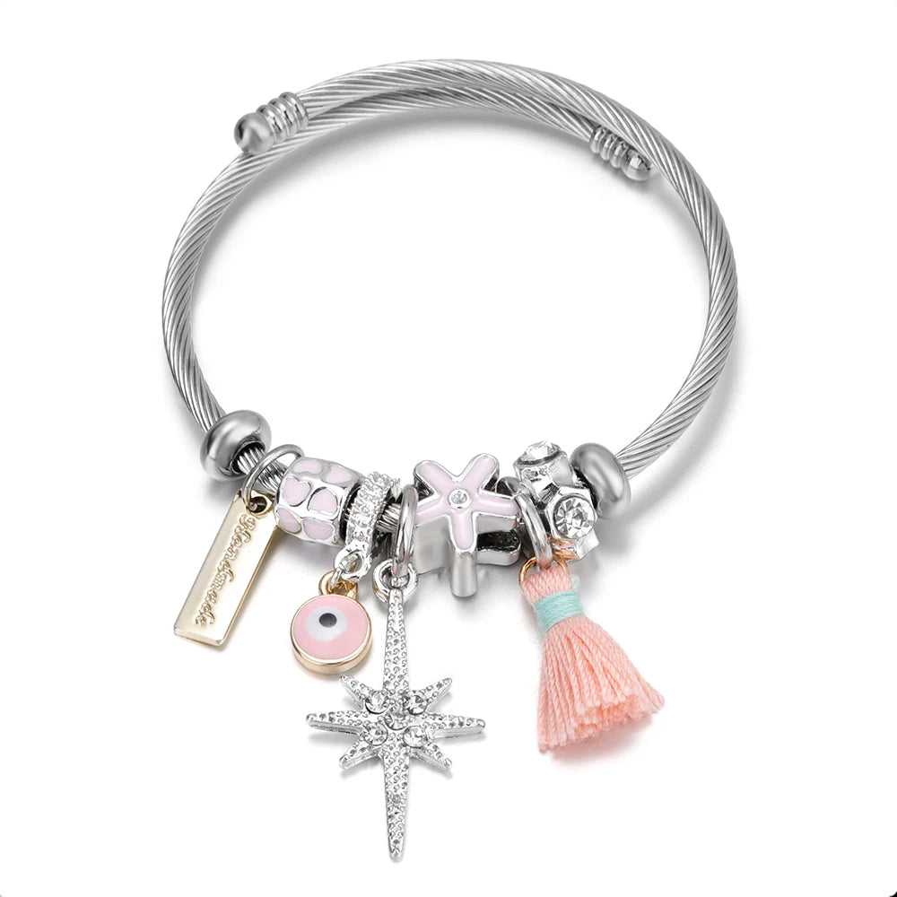Daisy Charm Beaded Crystal Bracelet Adjustable Stainless Steel Bracelet Series Bangle Jewelry DIY Tassels Butterfly Trendy 22.8g