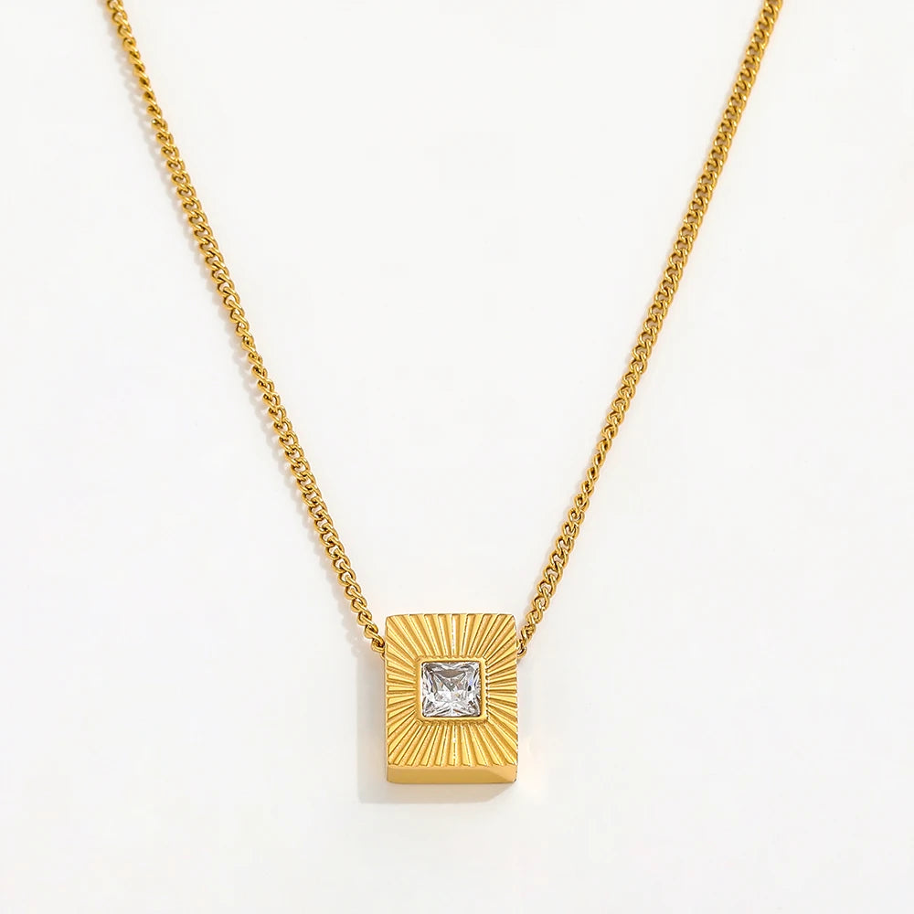 JOOLIM High End Stainless Steel Zirconia Rectangle Burst Necklace 18K Gold Plated Jewelry Wholesale