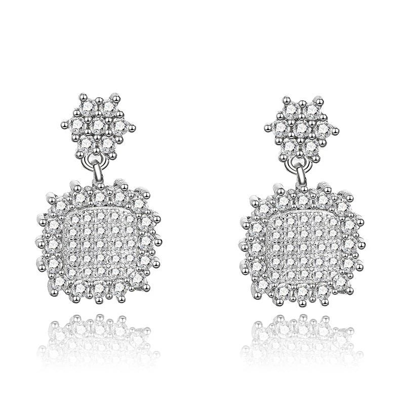 Fine 925 sterling silver diamond women fashion classic square CZ diamond wedding stud earrings
