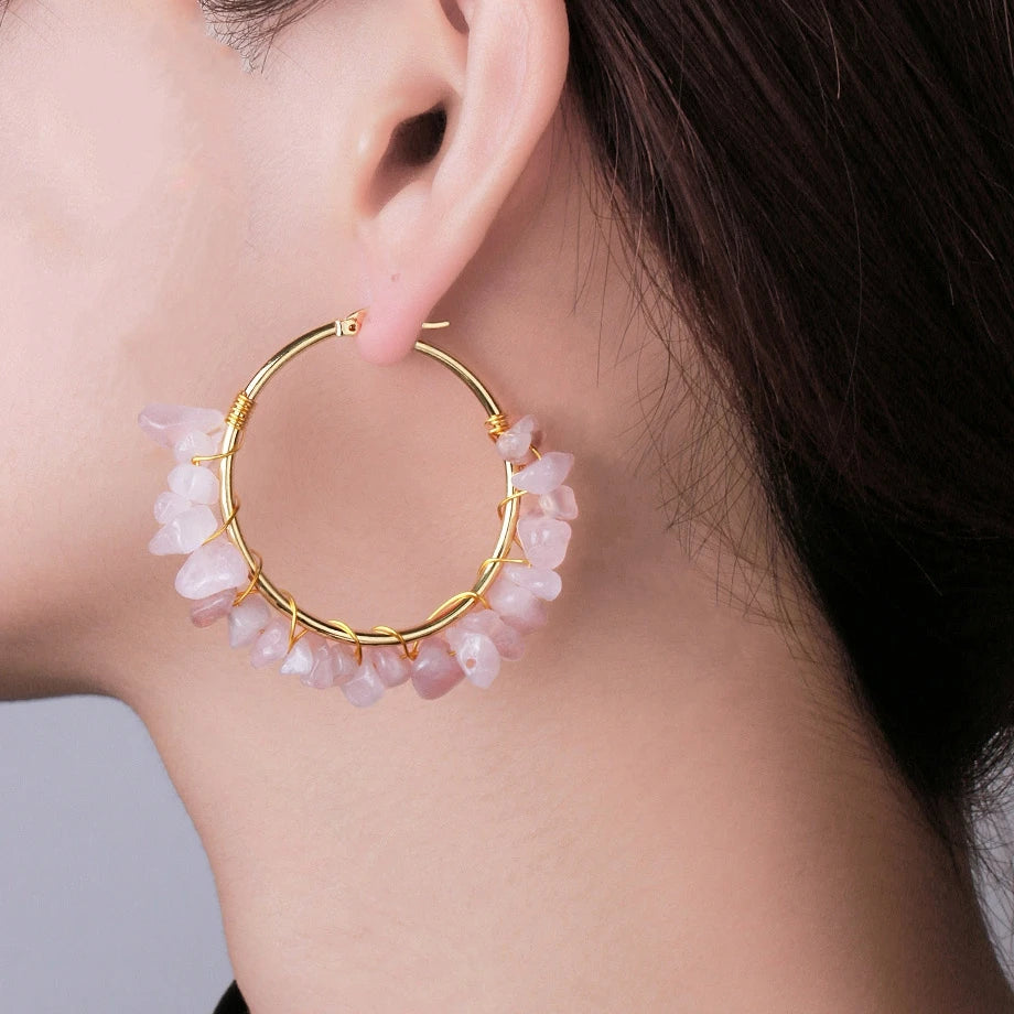 Irregular Crystal Chips Bead Wire Wrapped Earrings Gold Plated Hoop Earrings Women Jewelry