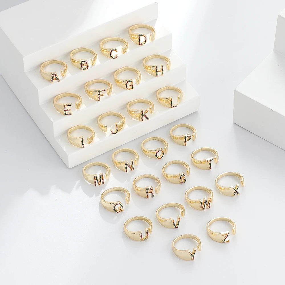Initial Letter Zircon Adjustable Cluster Rings Classic Rainbow Brass Engagement Cut Personal Style Openable Gold Copper Jewelry