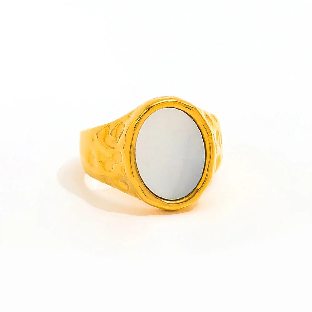 Joolim Jewelry Wholesale 18K Gold Plated Oval Shell Meteor Crater Chunky Stainless Steel Ring for Women Statement Ring MegaBDM