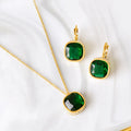 Fashion Stainless Steel Necklace Earrings Inlaid with Emerald Zircon 18k Gold-plated Jewelry Set for Women's Wedding Party Gifts