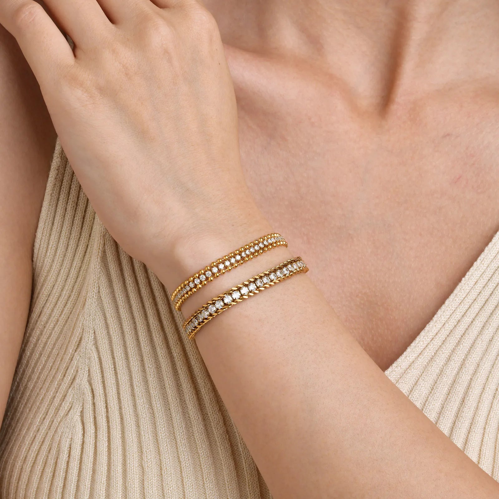18K PVD Gold Plated Waterproof Stainless Steel Zirconia Pave Beads Chain Double Layer Bracelet for Women Wholesale Jewelry