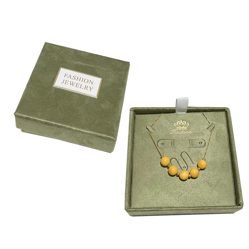 Vintage Fashion Flannel Velour Suede Lid Bottom Necklace Earring Packaging Gift Box Custom Logo Olive Green Cardboard Jewelry