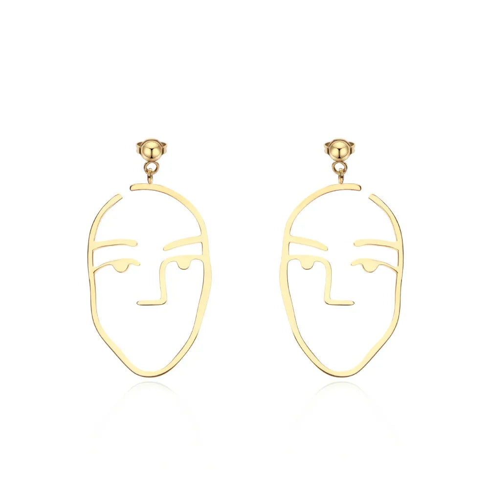 OEM New Simple Style Woman Face Shape Earrings Gold Color Long Drop Stainless Steel and Silver Jewelry Wholesale for Women