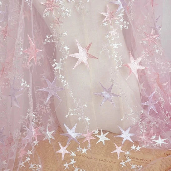 Star With Flower Embroidered Tulle Dress Making Fabric