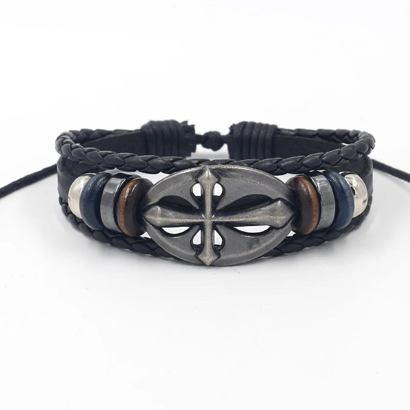 Vintage Jewelry Personalized Hand-woven Leather Beaded Alloy Cross Multi-layer Charm Bracelet for Men
