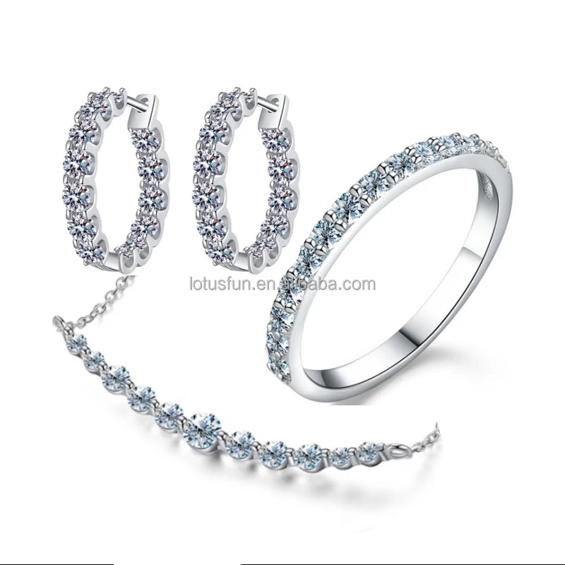D Color Moissanite Eternity Tennis Band Ring 925 Sterling Silver Rhodium Plated Women Engagement Gift Fine Jewelry Set