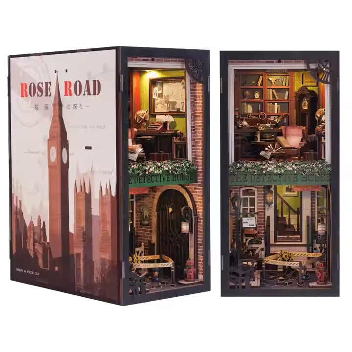 Cutebee 3D Wooden Miniature Big Ben Bookshelf Detective Series Dollhouse Rose Detective Agency Book Nook with Dust Cover