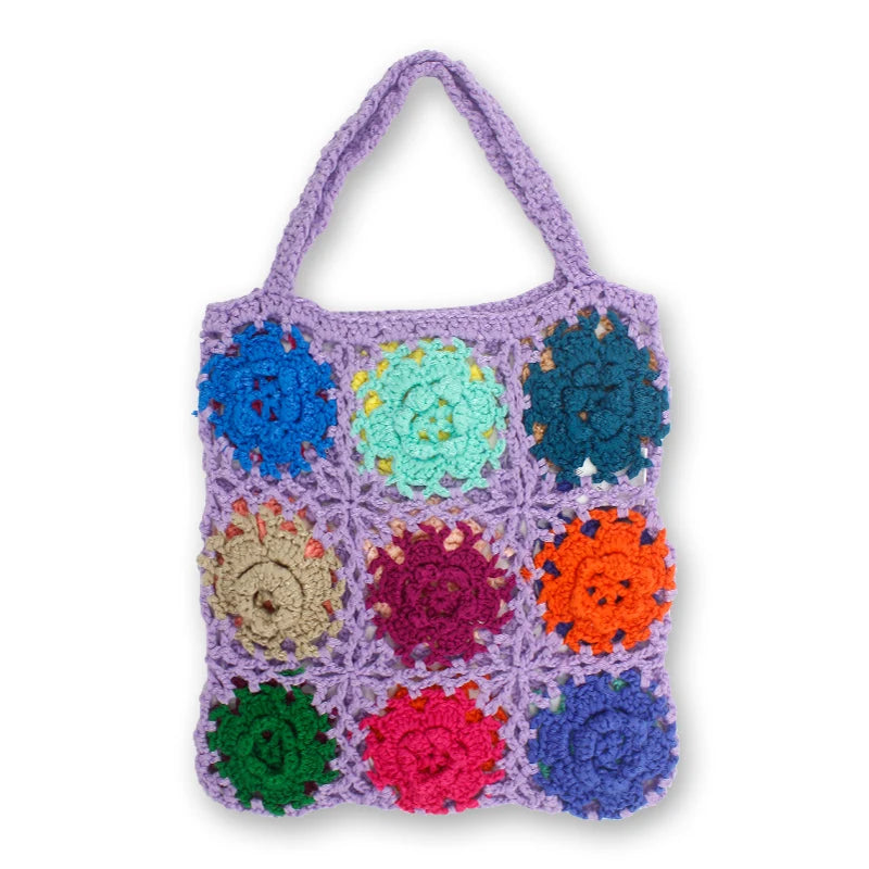 Women's Fashion Handmade Crochet Knit Handbag with Exquisite Flower Pattern Random Colors Large Capacity Soft Durable Accessory