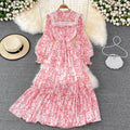 Spring and Autumn French Style Retro Large Hem Long Skirt fairy Floral Skirt Lantern Sleeve High Waist Slim Ruffle Collar  Dress
