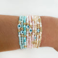 Bohemian Blue Evil Eyes Beaded Bracelet for Women Gold Plated Copper with Natural Shell Oval Evil Eyes for Gift