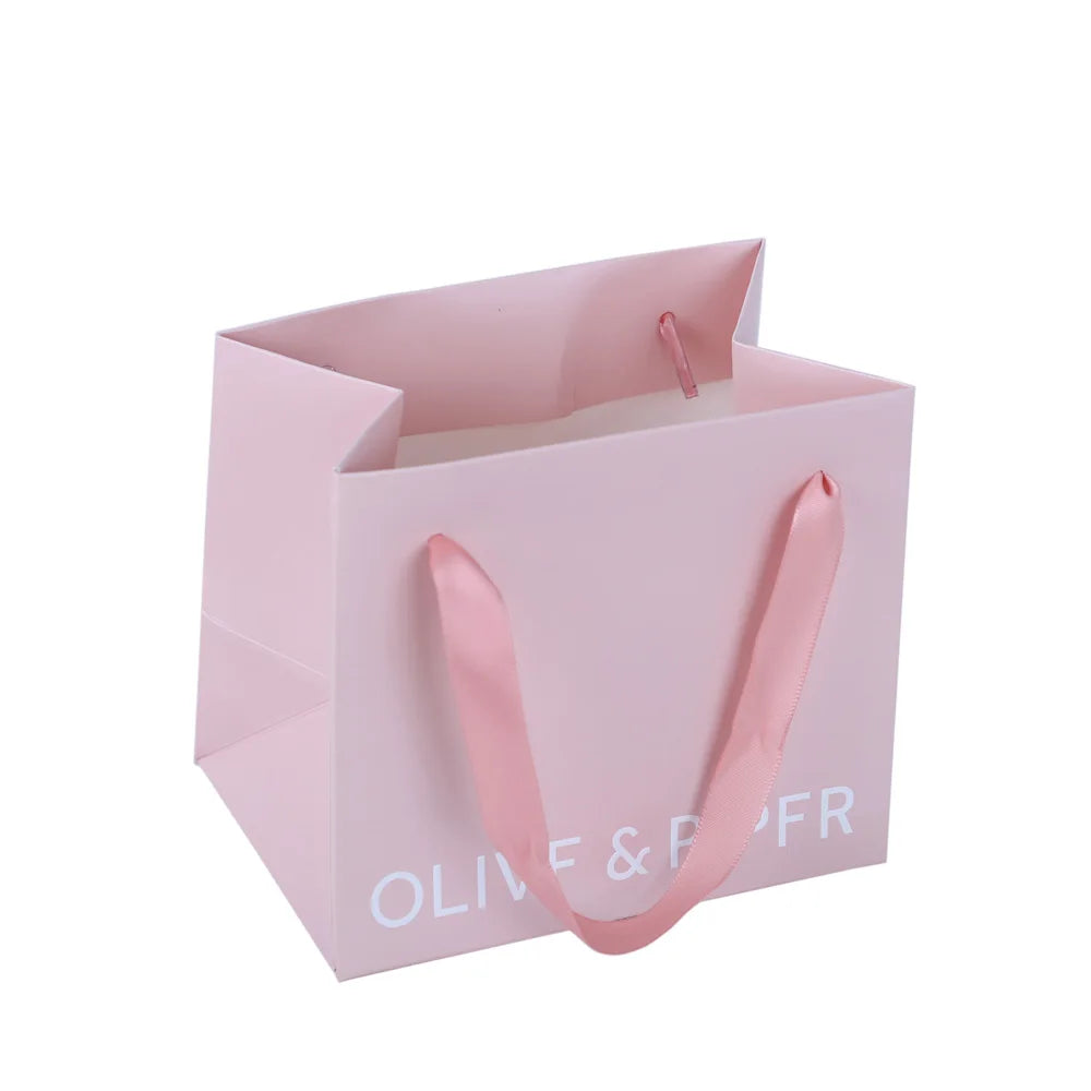 Promotional Luxury Pink Recycled Art Paper Gift Bags with Ribbon Handle and Logo Printed Embossed Small Custom Craft Bags