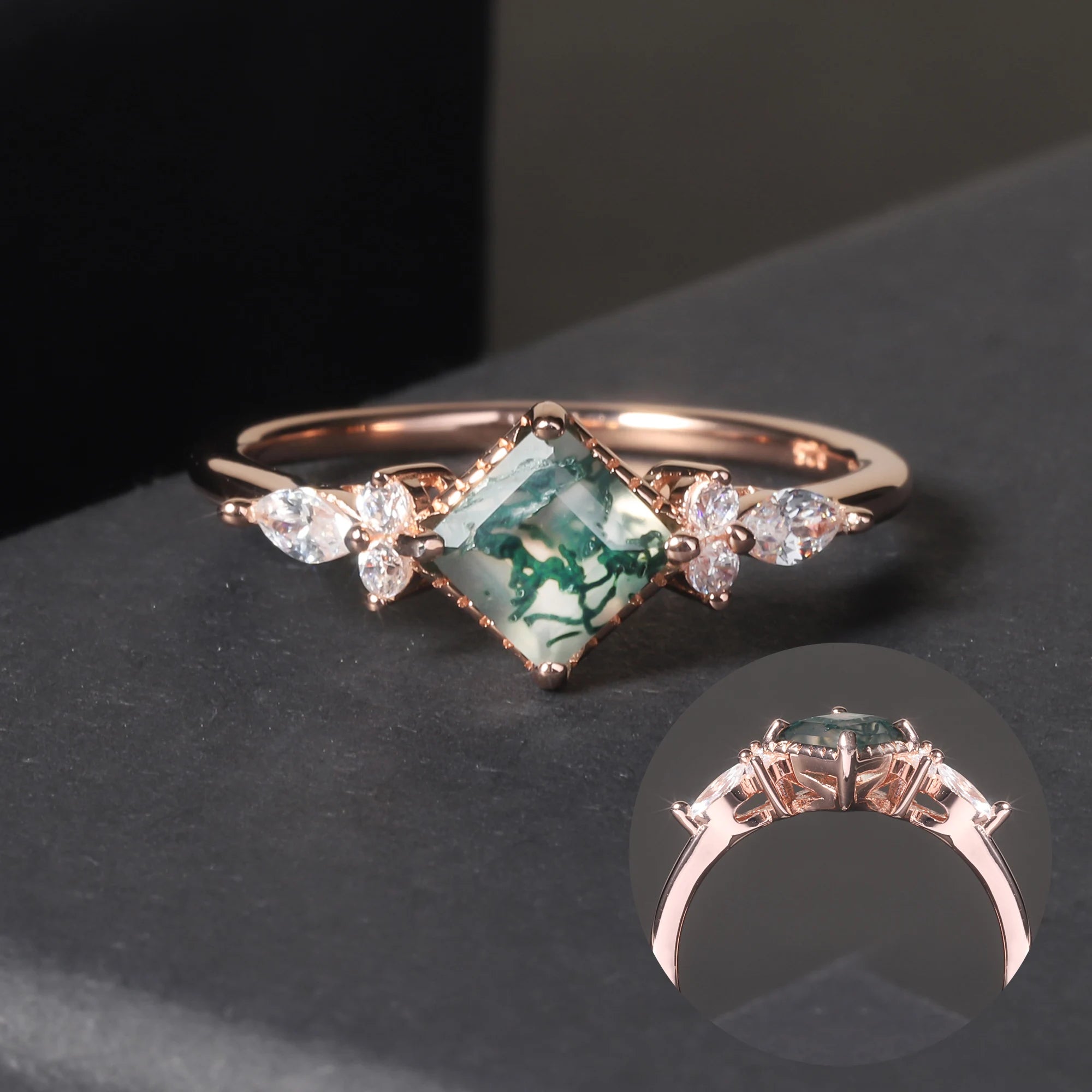 OL1020 Abiding Jewelry 2025 New Square Gemstone 925 Sterling Silver Engagement Moss Agate Ring With CZ Side Stone