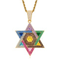 Multicolored Iced Out Zircon Hexagonal Star Pendant Hiphop Copper Star of David Charm Necklace Jewish Jewelry.