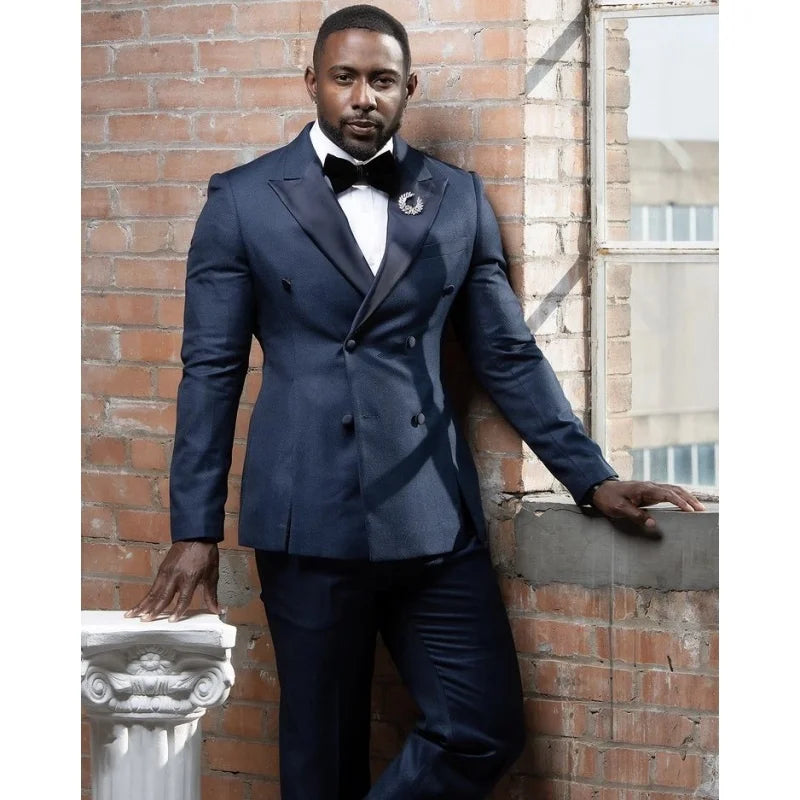 2025 Navy Wedding Men Tuxedos 2 Pieces (Jacket+Pant) Slim Fit Formal Grooms Double Breasted Blazers Suit Party Prom Wear Set