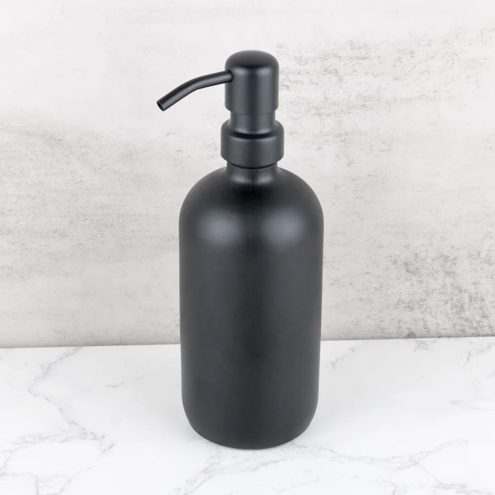 Black Coated Glass Boston Round Bottles with Stainless Steel Soap Pump for Kitchen and Bathroom - Set of 2 16 Ounce Jars