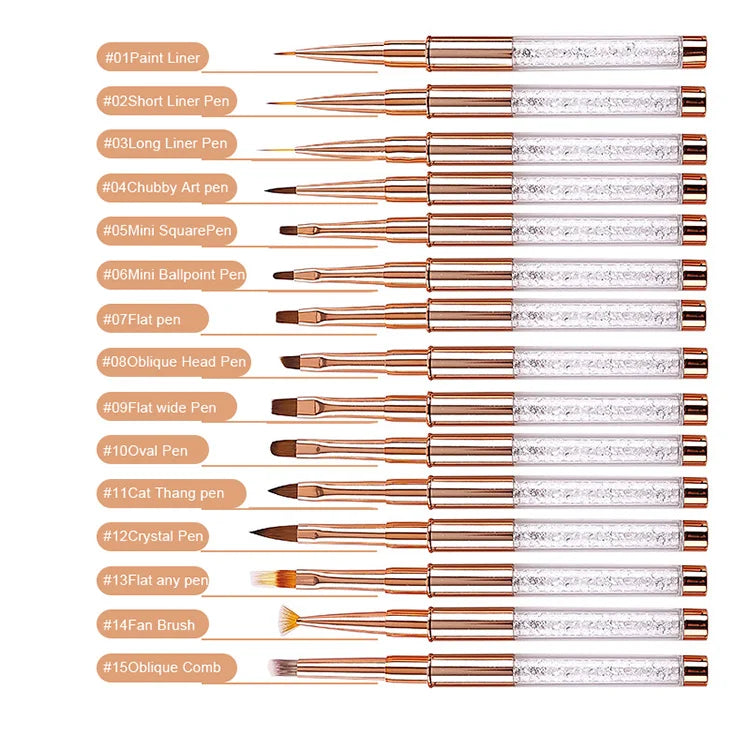Nail Art Brushes Set 15pcs Nail Brushes Round Oval Gel Builder Nail Art Tools Liner Brush for Acrylic Application PVC Tube 14g